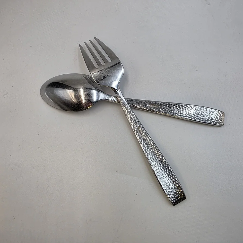 VTG ONEIDA Hammered‎ Stainless Serving Spoon & Fork Set Mid Century Modern